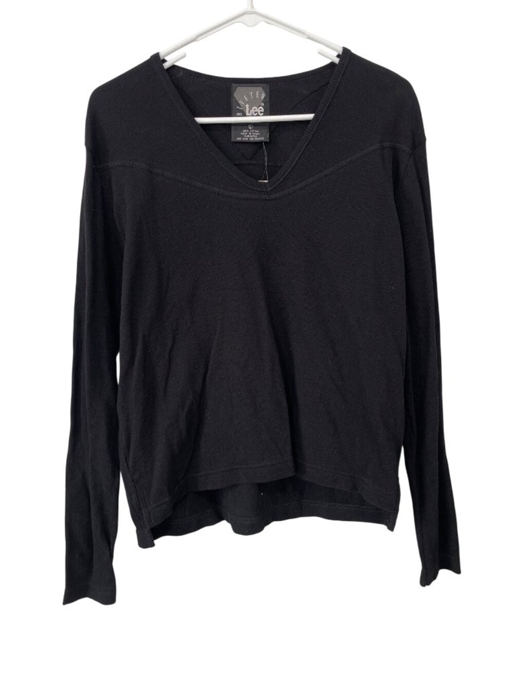 Lee Thermal Top Size Large V Neck Long Sleeve Waffle Knit Pullover Black NEW